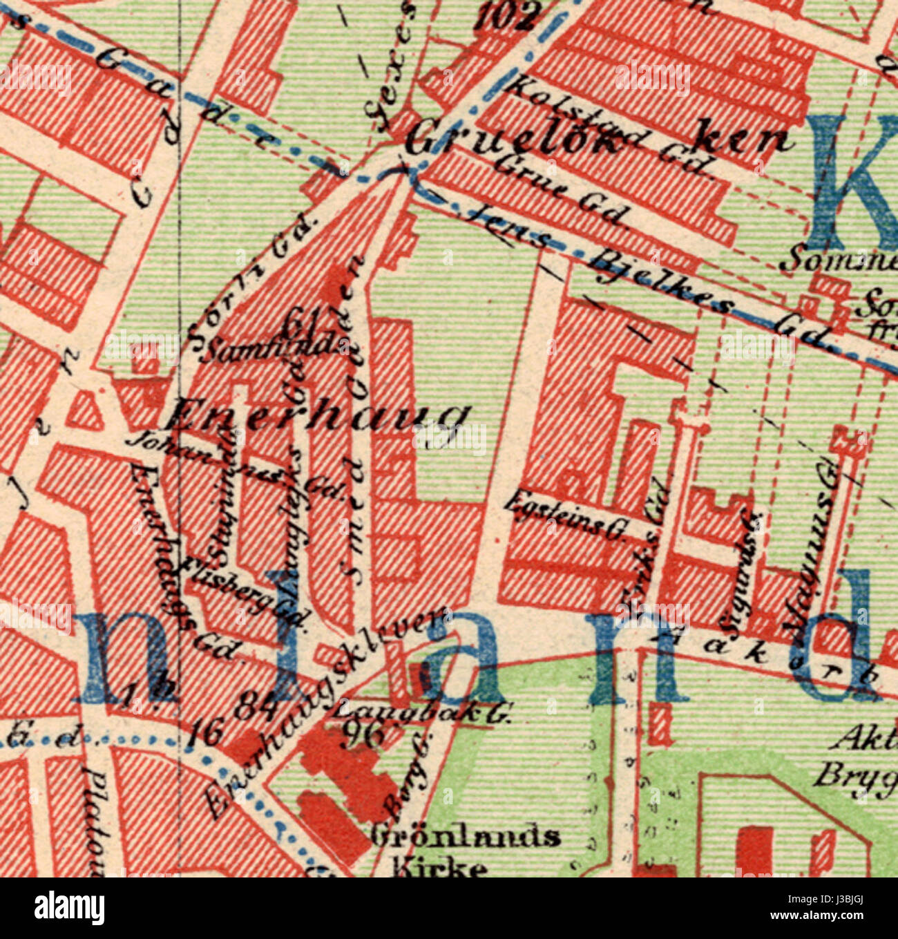 La mappa di Enerhaugen del 1900 è una rappresentazione storica del distretto di Enerhaugen a Oslo, Norvegia. Essa rappresenta la struttura urbana e lo sviluppo dell'area alla fine del XX secolo. Foto Stock
