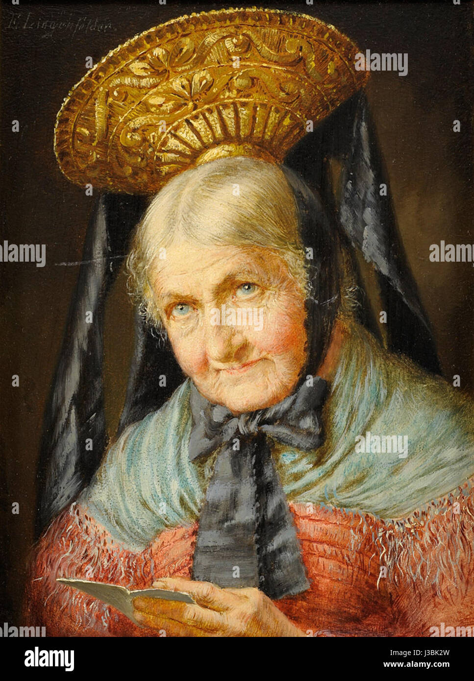 Questa opera d'arte di Eugen Lingenfelder raffigura una donna anziana vestita con abiti tradizionali. Il dipinto cattura il patrimonio culturale e lo stile di abbigliamento tipico di una regione specifica, concentrandosi sull'espressione e sui dettagli del suo capo. È una rappresentazione dell'età e della tradizione nell'arte, che mostra l'abilità dell'artista nel ritrarre l'abito storico e l'identità culturale. Foto Stock