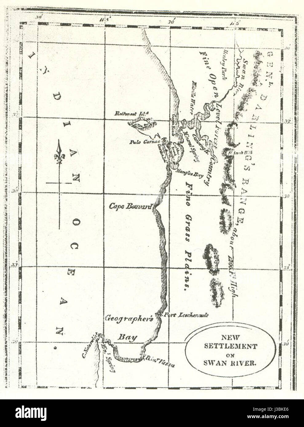Questa prima mappa della Colonia del fiume Swan offre un prezioso scorcio sulla disposizione geografica e sui primi insediamenti della regione nell'Australia occidentale. È un documento essenziale nella storia australiana. Foto Stock