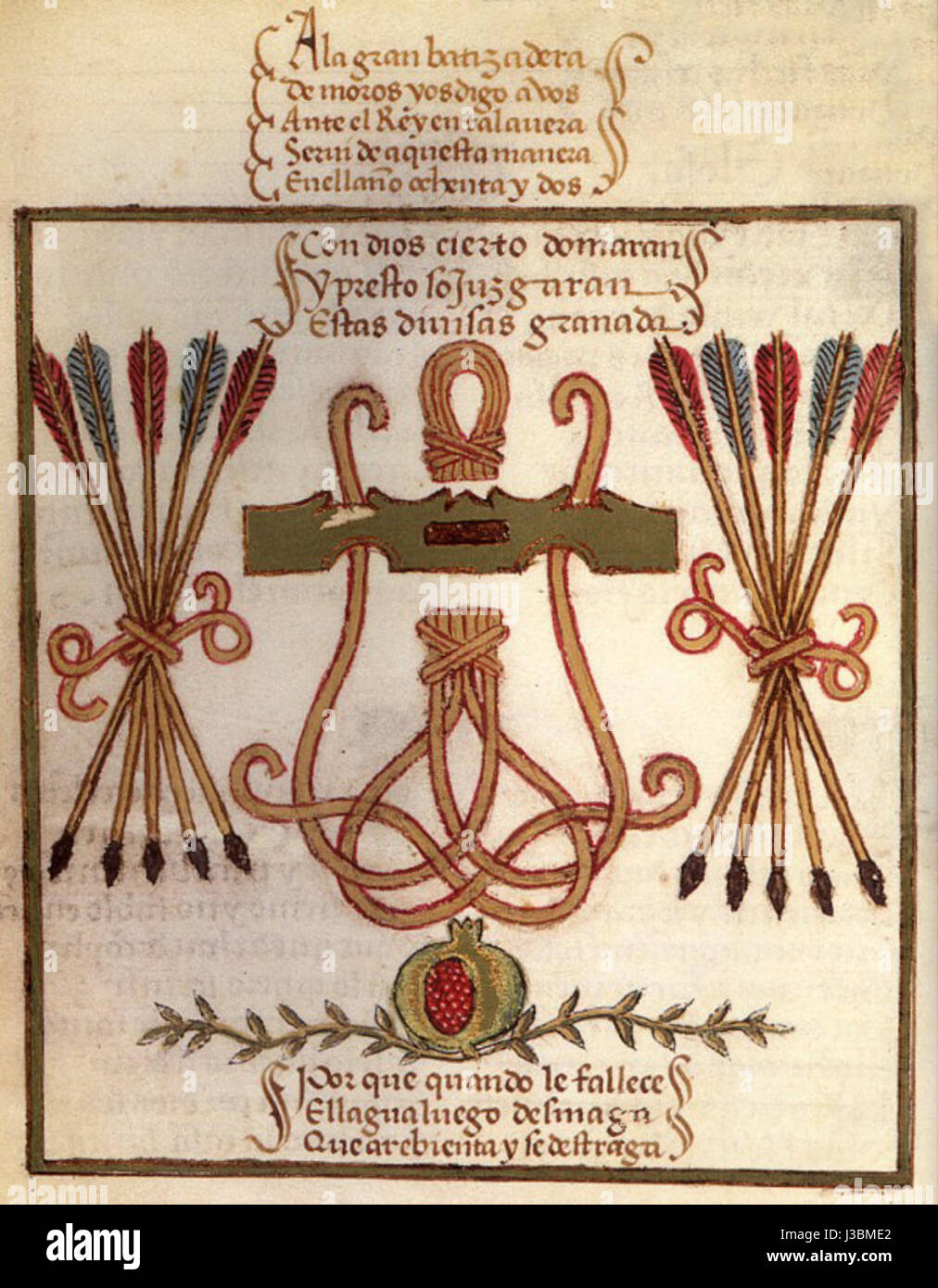 L'Escudo de Isabel y Fernando si riferisce allo stemma reale della regina Isabella i di Castiglia e del re Ferdinando II d'Aragona, simboleggiando l'unione dei loro regni e il loro regno in Spagna. Foto Stock