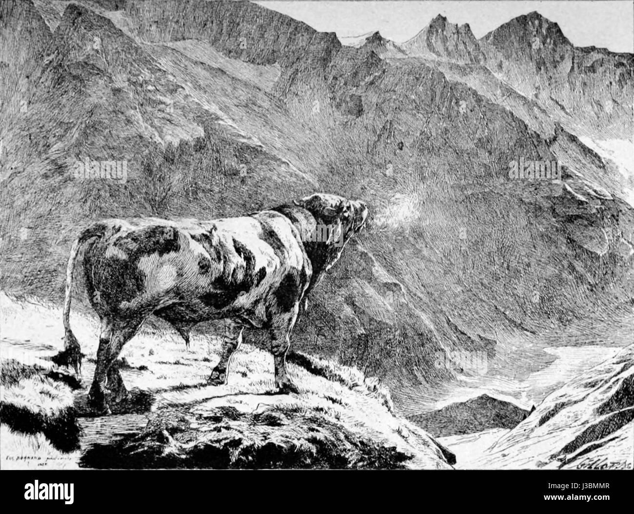 Questo dipinto di Eugene Burnand, intitolato "Taureau dans les Alpes", raffigura un toro nelle Alpi, che mostra il paesaggio aspro e il legame dell'animale con l'ambiente montuoso. Foto Stock