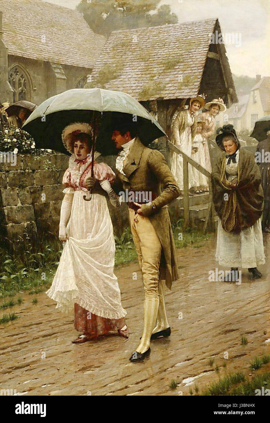 "A Wet Sunday Morning" di Edmund Blair Leighton cattura una scena di giorno cupo e piovoso. Il dipinto riflette l'attenzione dell'artista su ambientazioni romanticizzate e storiche con figure che interagiscono in un ambiente atmosferico ma silenzioso. Foto Stock