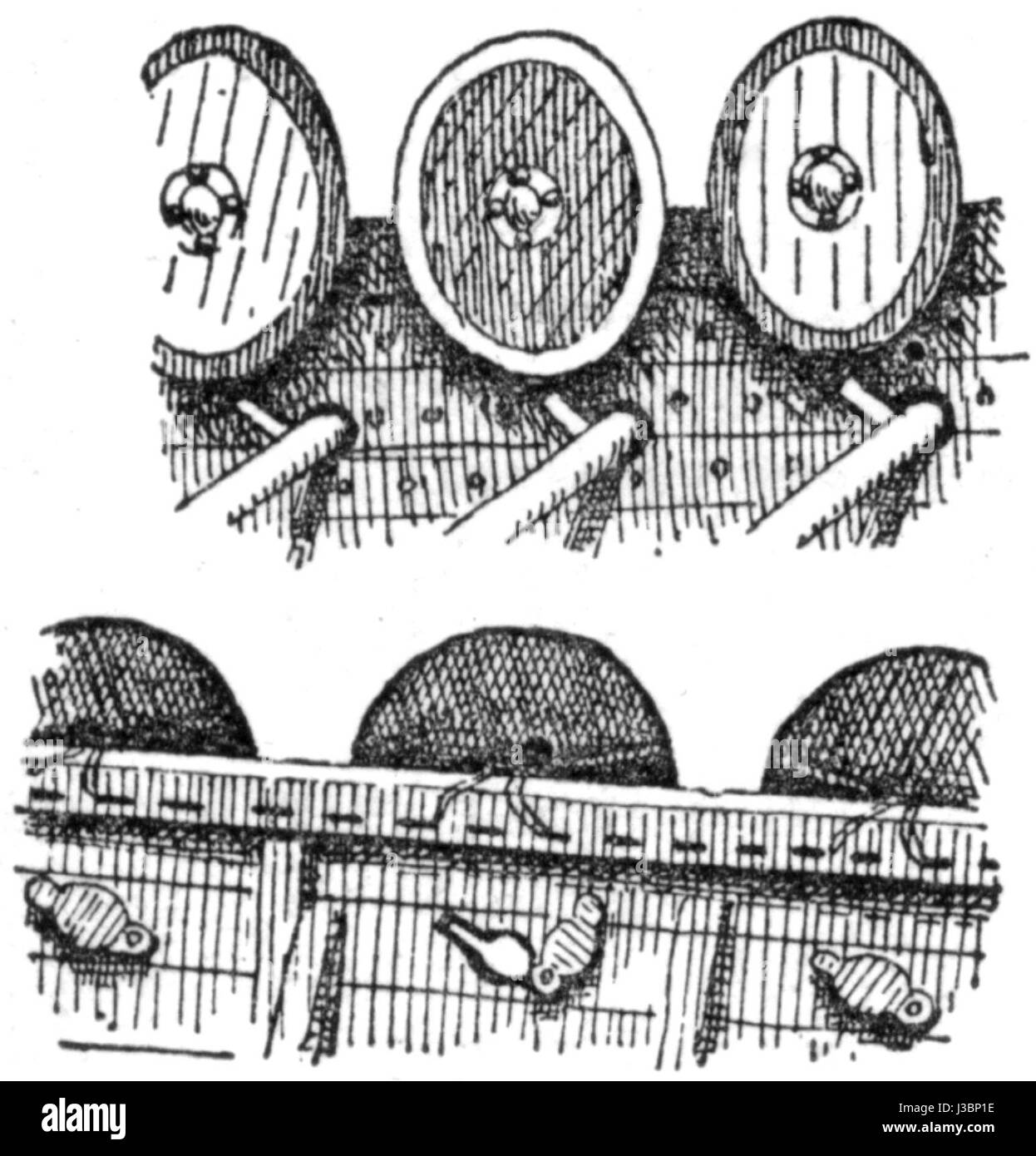 Il Drakkar è un tipo di nave vichinga, spesso raffigurata con elaborati scudi ai lati. Questa rappresentazione di Larousse mette in risalto il design del shipâ vichingo, sottolineando gli scudi come elementi chiave della guerra navale vichinga e della cultura. Foto Stock