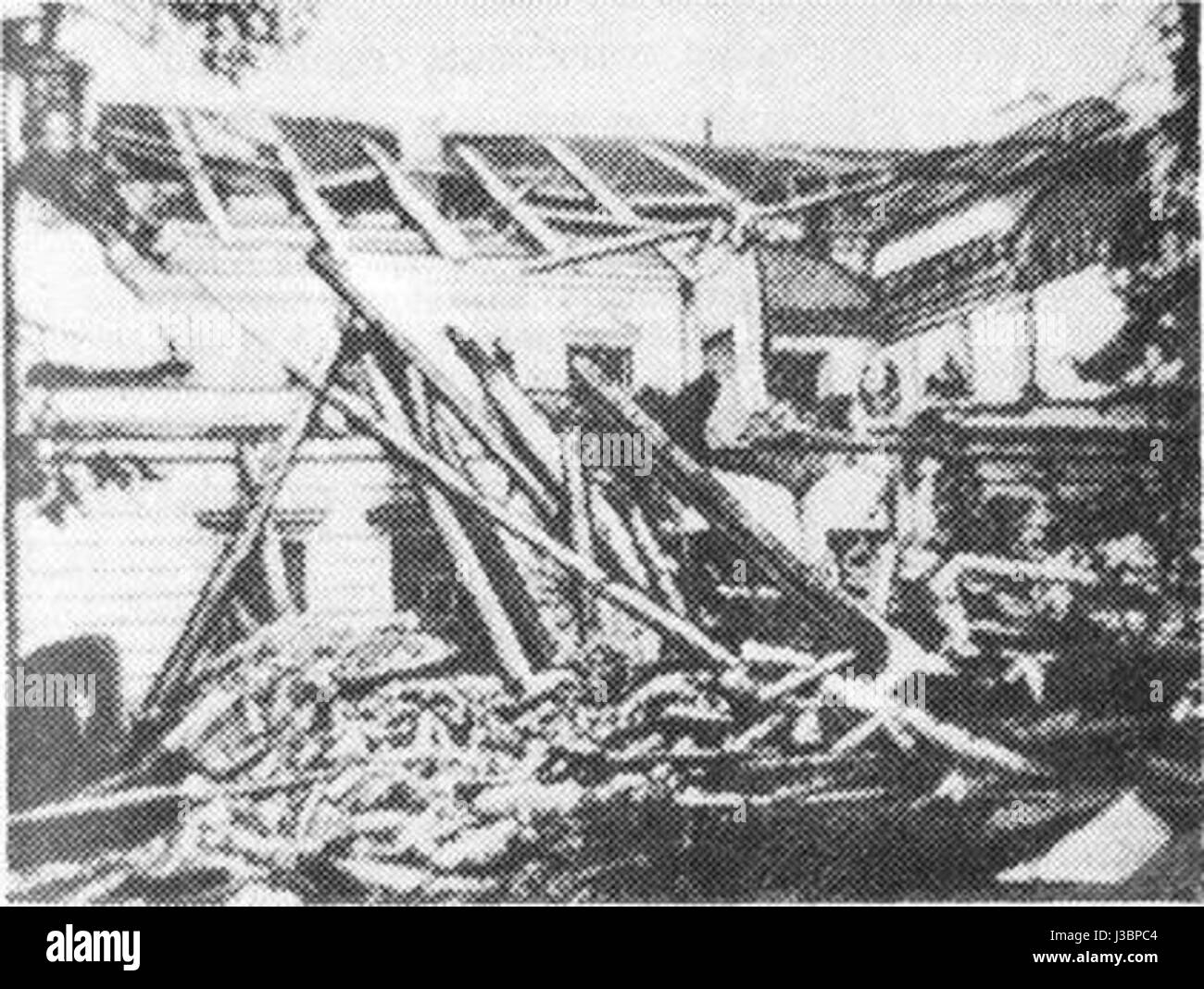 Questo si riferisce a un'esplosione in Leontief Lane, probabilmente un evento storico o un incidente in un'area urbana, che colpisce l'ambiente circostante e le infrastrutture. Foto Stock