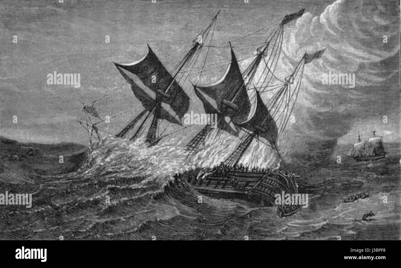 Questa scena storica raffigura i marinai che fuggono da una nave in fiamme, mostrando le condizioni pericolose affrontate in mare. Essa mette in evidenza i pericoli dei viaggi navali e l'urgenza degli sforzi di salvataggio in caso di catastrofi marittime. Foto Stock