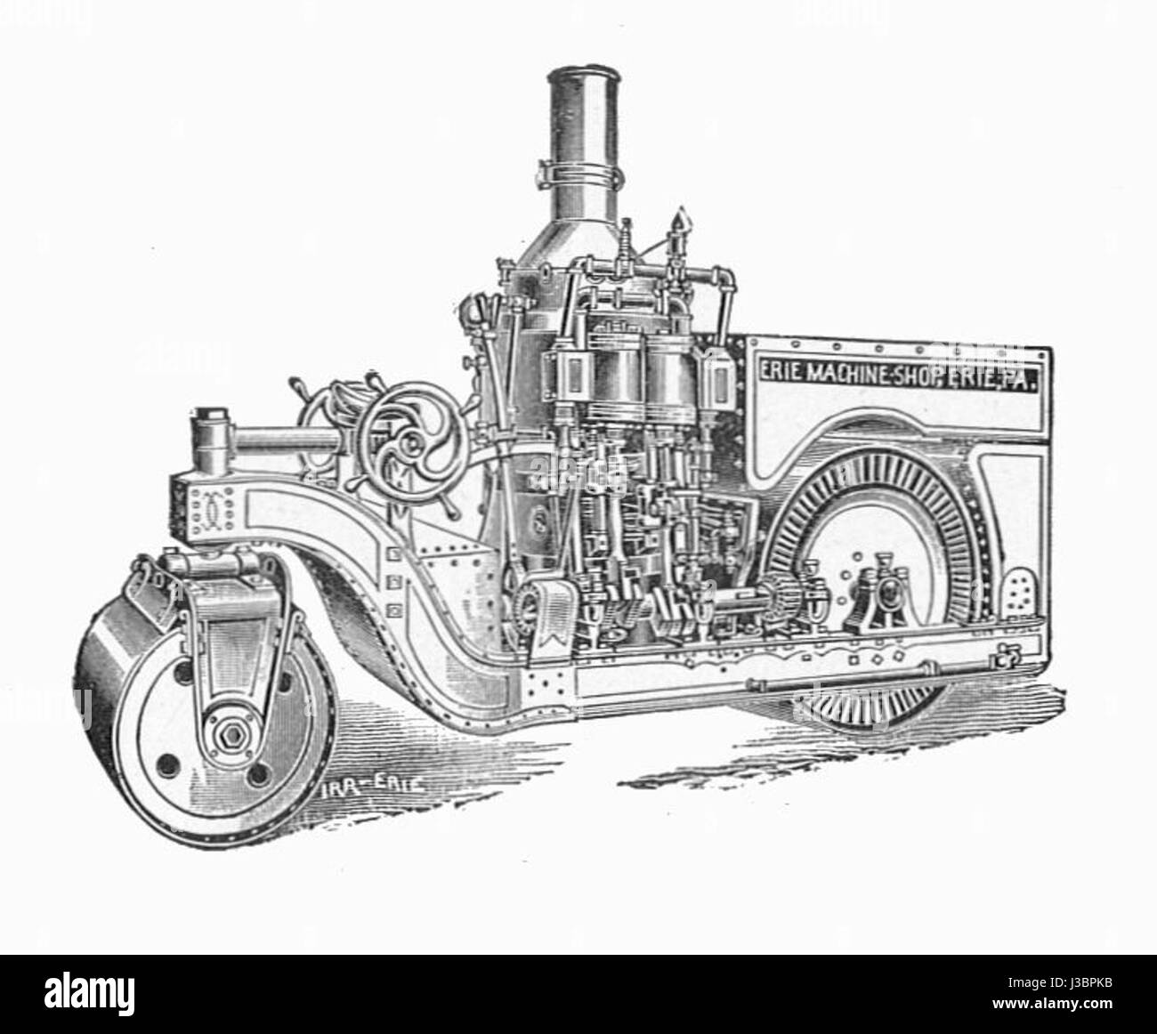 Il rullo a vapore Erie, presente nel "nuovo catechismo del motore a vapore" del 1904, rappresenta un importante pezzo di macchinari industriali dell'inizio del XX secolo. Mostra lo sviluppo di motori a vapore utilizzati per la costruzione di strade. Foto Stock