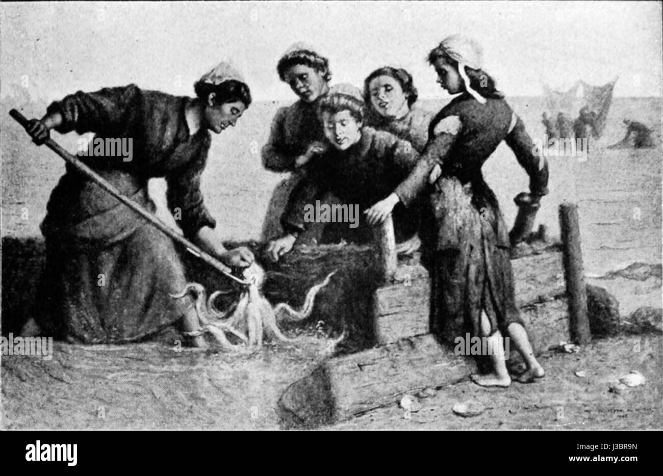 Questo titolo si riferisce a un'opera d'arte o a una fotografia di Eugene Feyen, che raffigura la cattura di un polpo, che probabilmente enfatizza la vita marina o la natura unica di questa creatura marina. Foto Stock