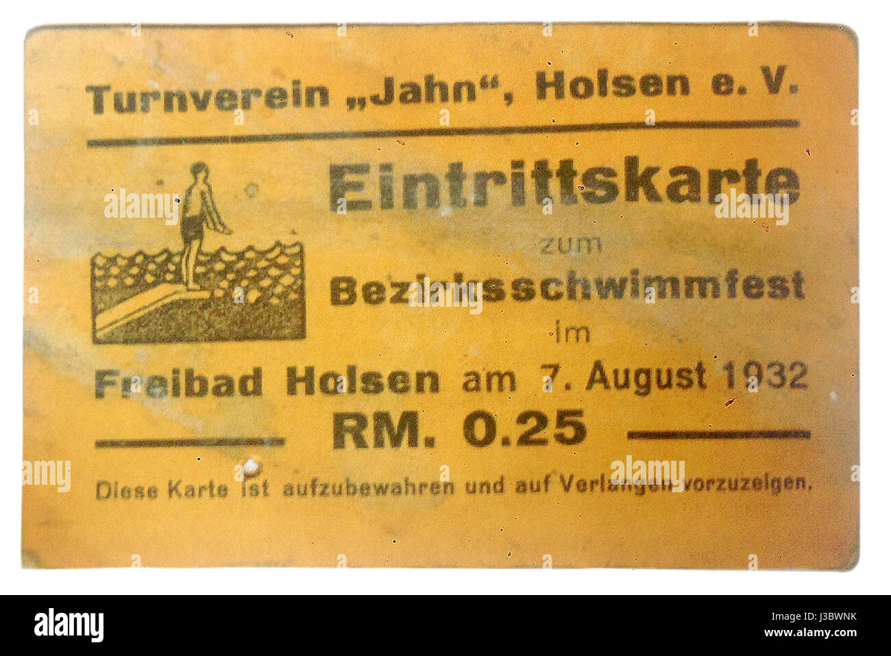 Eintrittskarte zum Bezirksschwimmfest 1932 0,25 Pfennig Foto Stock