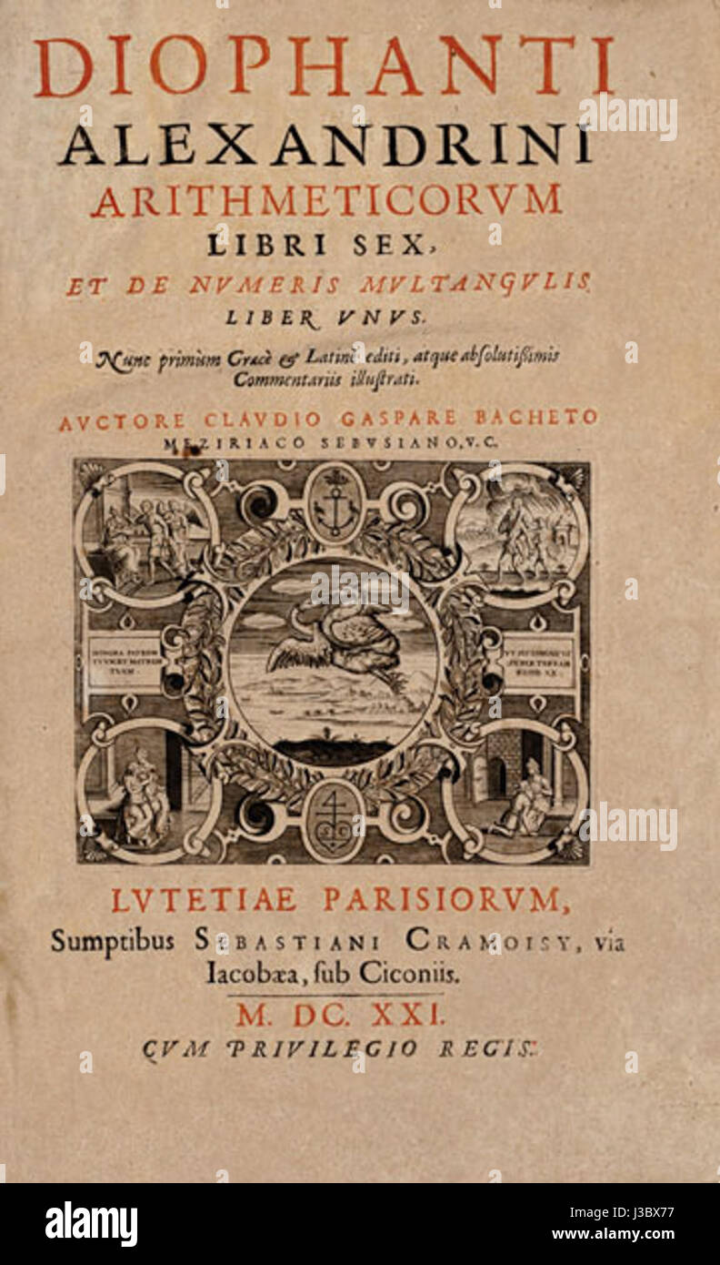 La copertina del lavoro di Diofanto, noto per essere un testo fondamentale nella storia della matematica, rappresenta i suoi contributi all'algebra e alla teoria dei numeri. Diofanto è riconosciuto per il suo studio delle equazioni e per l'introduzione della notazione simbolica nella risoluzione dei problemi. Foto Stock