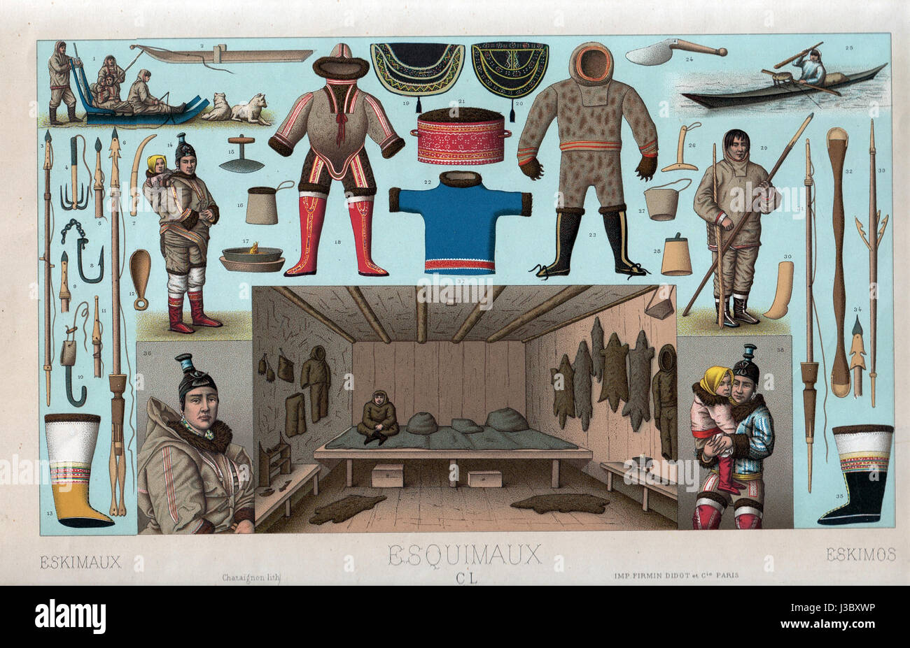 Questo titolo si riferisce a una stampa litografica di Chataignon, con un'immagine di Esquimaux (eschimesi). Fu stampato da Firmin Didot et Cie a Parigi, mostrando tecniche artistiche del XIX secolo e la rappresentazione culturale dei popoli indigeni. Foto Stock