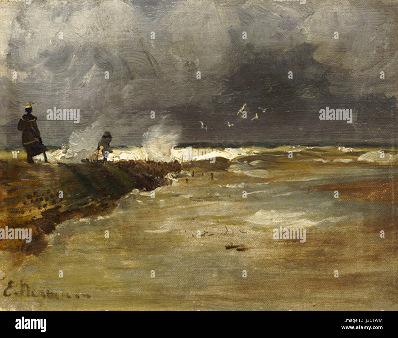 "Strandspaziergang bei Wellengang" (passeggiata sulla spiaggia in mare grezzo) di Emil Neumann è un dipinto tedesco che raffigura una scena drammatica sulla spiaggia, con figure che camminano lungo la riva mentre le forti onde si infrangono sullo sfondo, mettendo in mostra l'abilità di Neumann nel ritrarre paesaggi marini dinamici. Foto Stock