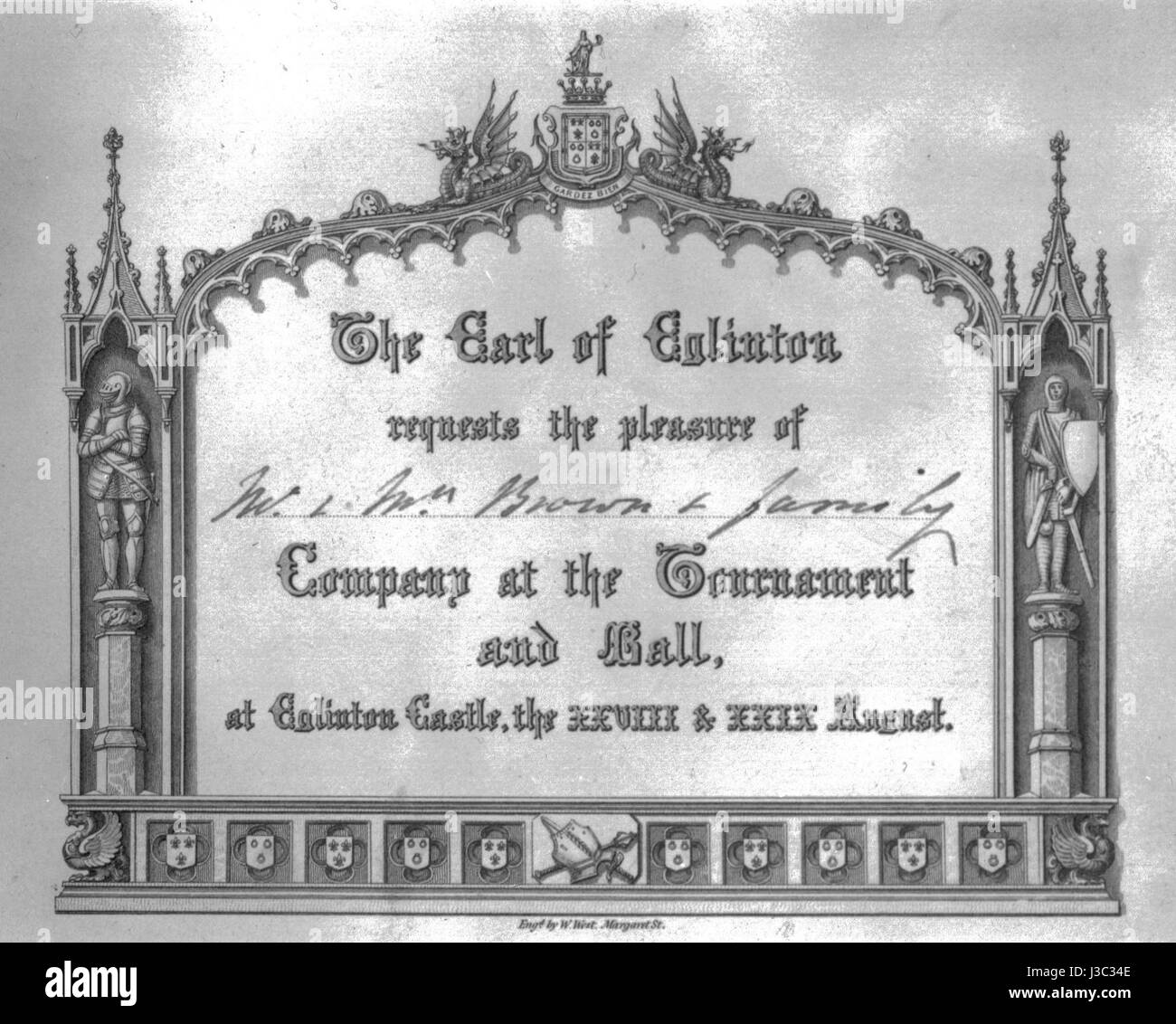 L'Eglinton Tournament è stato un evento significativo tenutosi nel 1839 in Scozia, progettato per far rivivere lo sfarzo e lo spirito dei tornei medievali di giostra. Inviti come questo facevano parte degli elaborati preparativi per questa rievocazione storica. Foto Stock