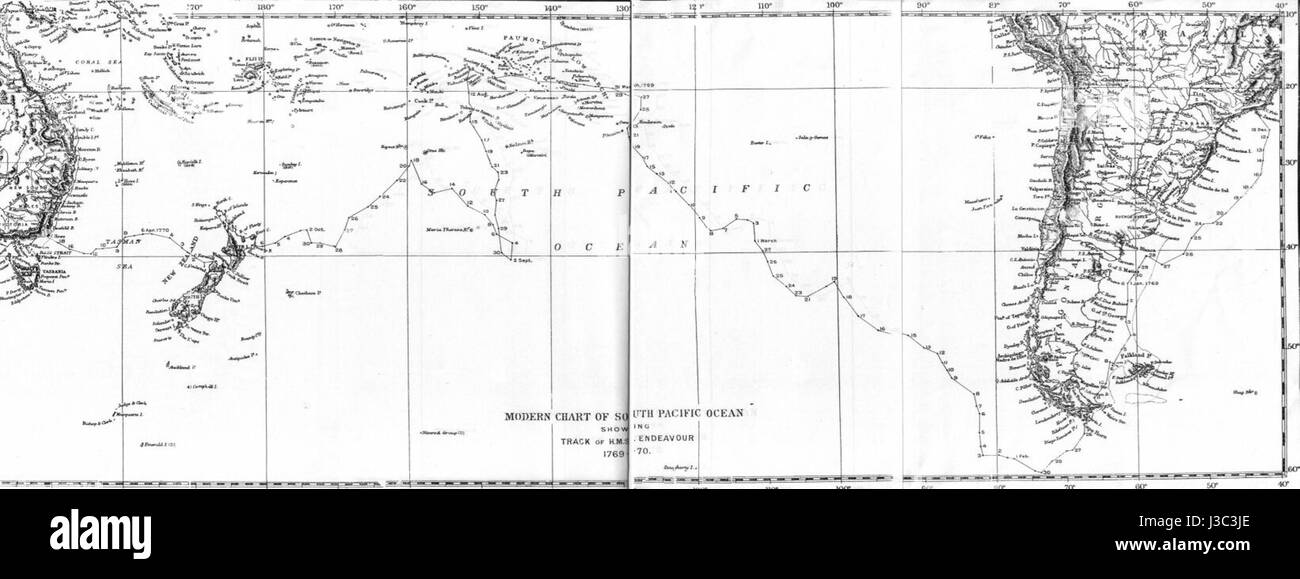 La "Endeavour track chart" si riferisce alle carte di navigazione che descrivono in dettaglio il percorso intrapreso dalla HMS Endeavour durante il suo viaggio del 1768–1771 sotto il capitano James Cook. Queste carte sono cruciali per comprendere l'esplorazione della nave in Australia orientale e nuova Zelanda. Foto Stock