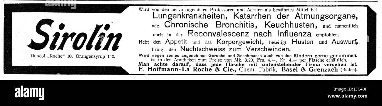 Questo si riferisce a una pubblicazione del 1904 su "Die Woche", che mette in evidenza un lavoro di Sirolin, con contributi di Hoffmann-la Roche, un'importante azienda farmaceutica. Riflette la ricerca scientifica e medica dell'inizio del XX secolo. Foto Stock