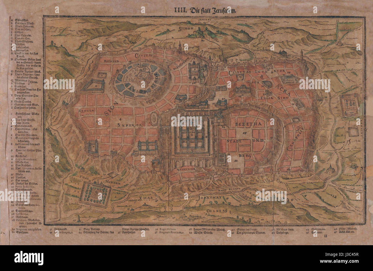 Questa incisione del XVII secolo di Gerusalemme offre uno sguardo sulla struttura storica e sulle caratteristiche architettoniche del cityâ durante il periodo. Foto Stock