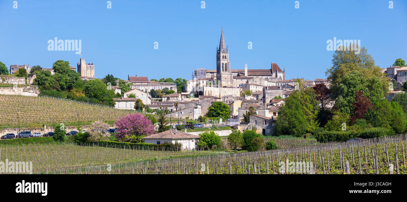 Vista di Saint-Emilion, uno dei principali di vino rosso zone di produzione della regione di Bordeaux. Foto Stock