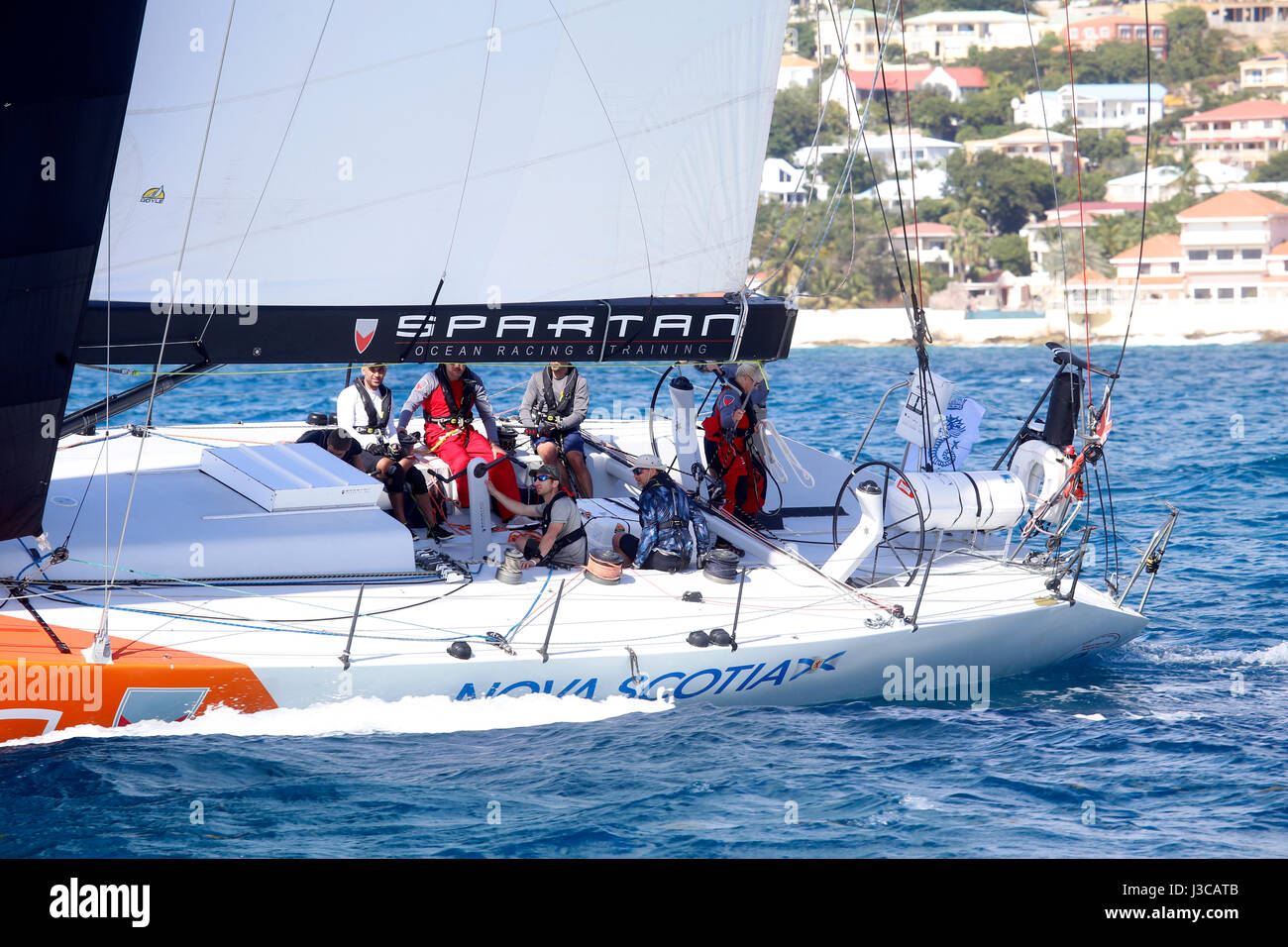 Spartan Ocean Racing Challenger a Whitbread 60 yacht da corsa su St Maarten durante il RORC Caribbean 600 2017 Antigua Foto Stock