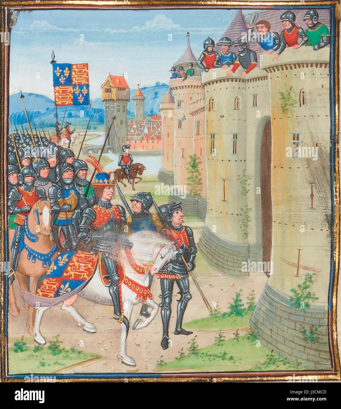 Questa scena storica raffigura re Edoardo III d'Inghilterra di fronte a Berwick, che mostra un momento della storia militare medievale, probabilmente legato alle guerre di indipendenza scozzesi. Foto Stock