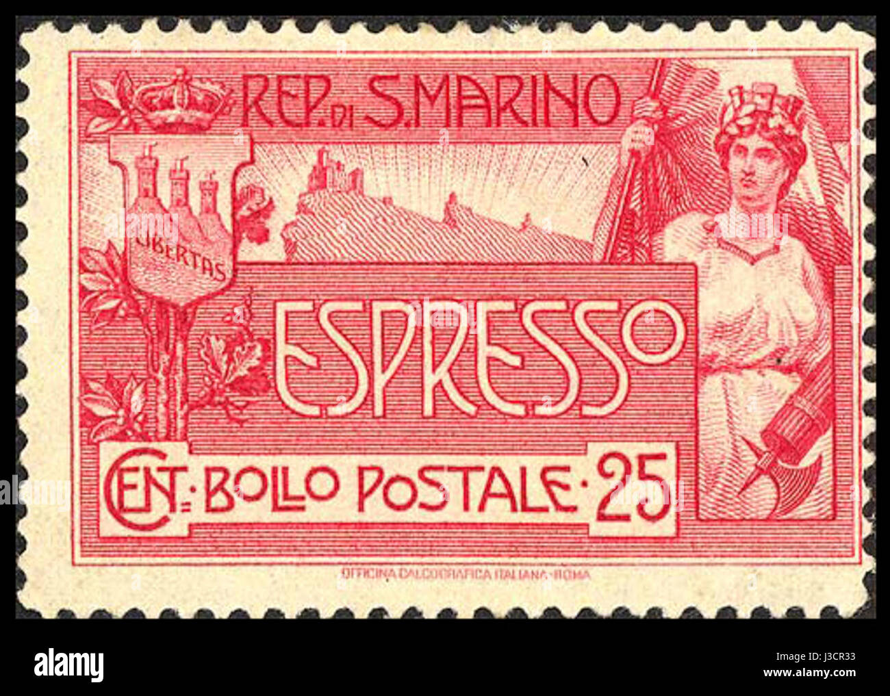 Il francobollo espresso di San Marino, pubblicato nel 1907, fa parte del catalogo Michel, noto per il suo significato storico nella storia postale. Questo francobollo rappresenta una prima forma di comunicazione e di sistemi di affrancatura utilizzati a San Marino all'inizio del XX secolo. Foto Stock