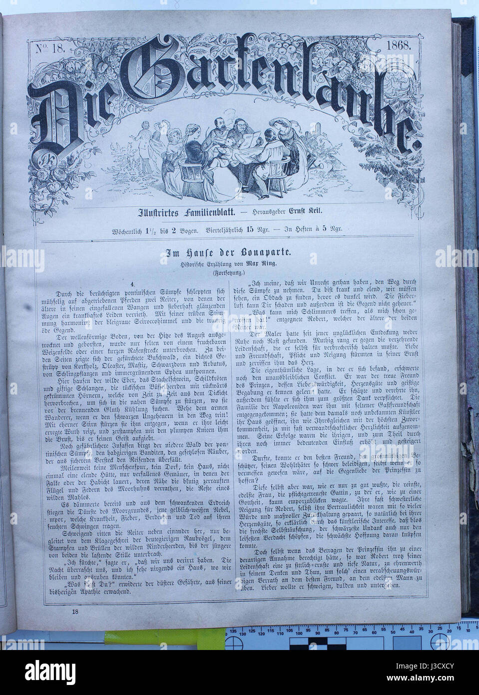Un numero del 1868 di "Die Gartenlaube", un'importante rivista di famiglia illustrata tedesca, con vari articoli e illustrazioni che riflettono le narrazioni culturali e storiche dell'epoca. Foto Stock