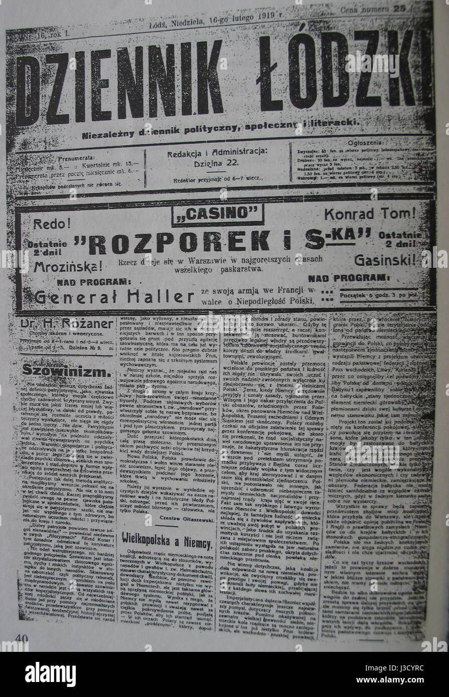 Un'edizione del 1919 di "Dziennik Łódzki", un quotidiano polacco che copre eventi e questioni importanti dell'epoca. Foto Stock