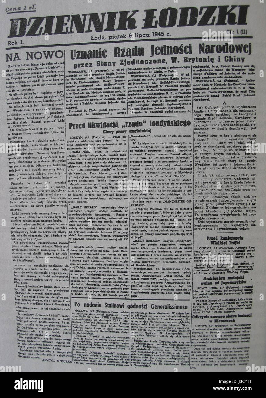 Dziennik Lodzki è una pubblicazione storica di Lodz, Polonia, pubblicata nel 1945. Fornisce informazioni sugli eventi e gli sviluppi a Lodz, in particolare dopo la seconda guerra mondiale, documentando la storia locale, i cambiamenti culturali e politici. Foto Stock
