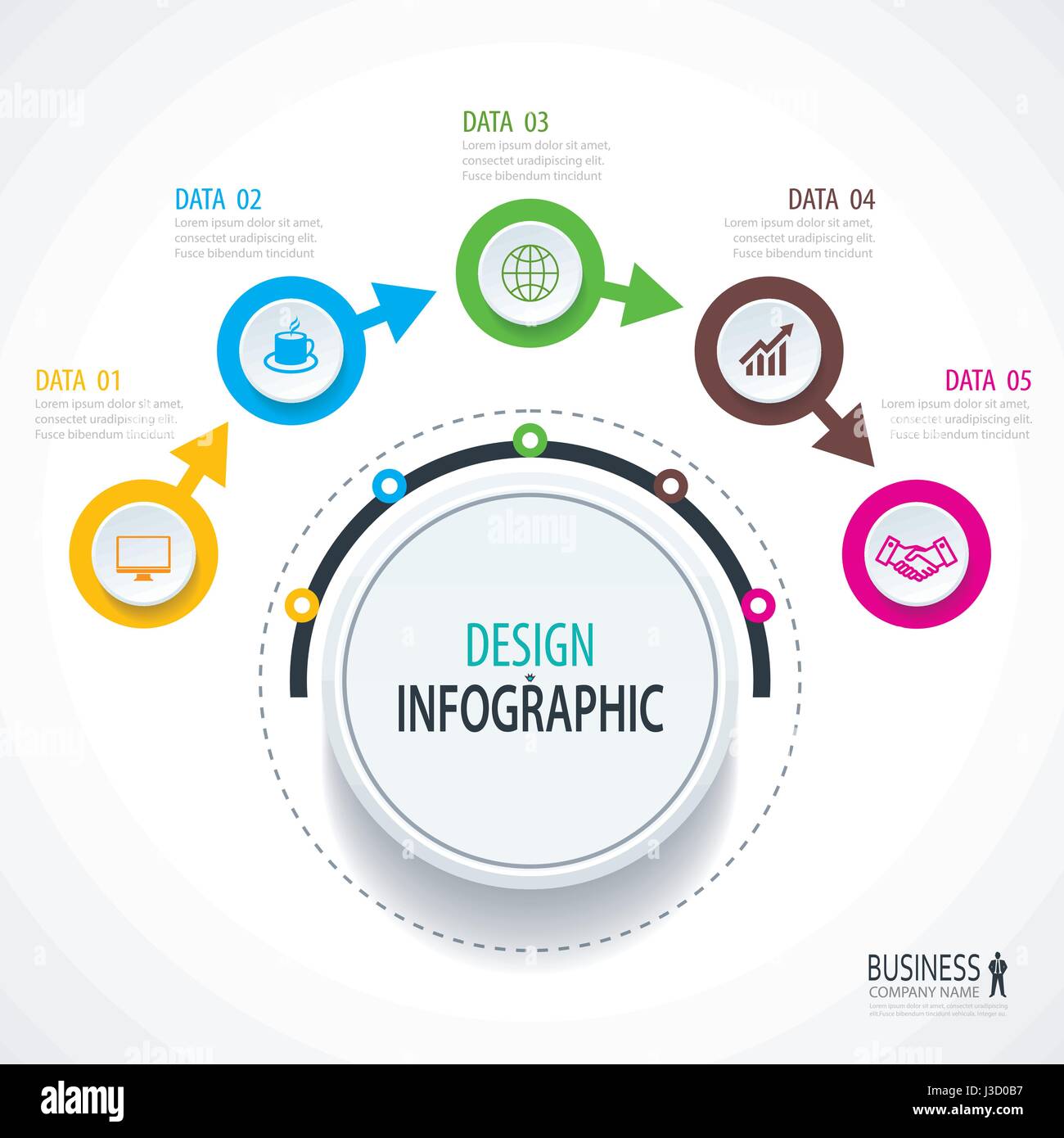Business infographics timeline con 5 cerchi i passi numero opzioni. Può essere utilizzato per il layout di flusso di lavoro, diagramma, dati, banner web design. Illustrazione Vettoriale