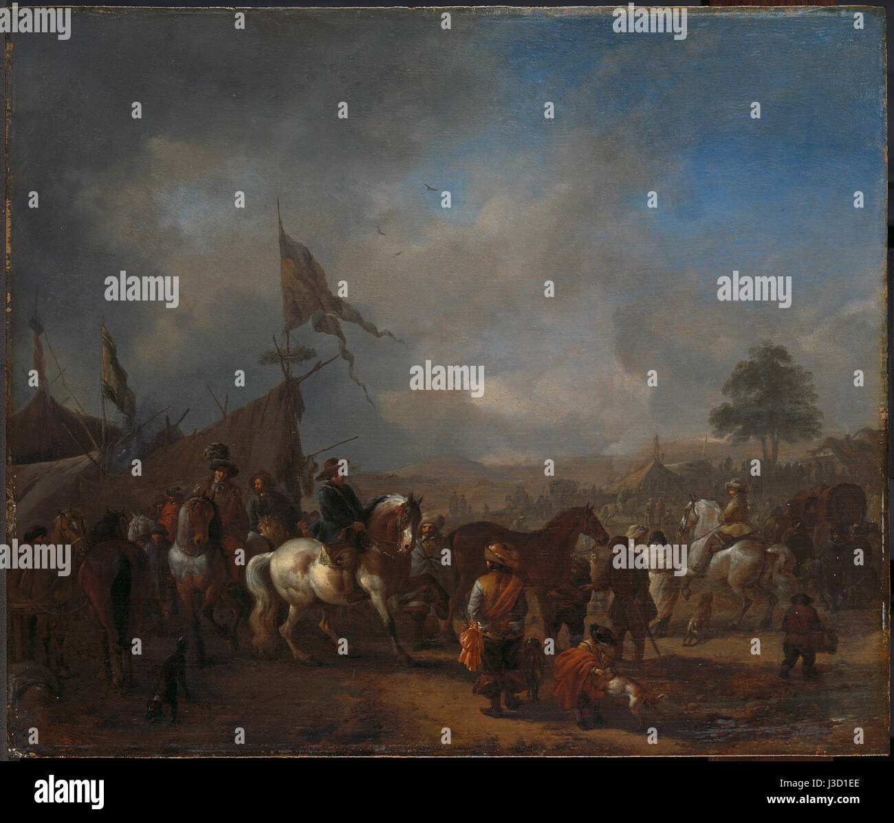 "Een legerkamp" (Un campo militare) è un dipinto ospitato al Rijksmuseum, che raffigura una scena di campo militare. Le opere d'arte catturano l'organizzazione e la vita quotidiana all'interno di un accampamento militare, offrendo informazioni sulle pratiche militari storiche. Foto Stock