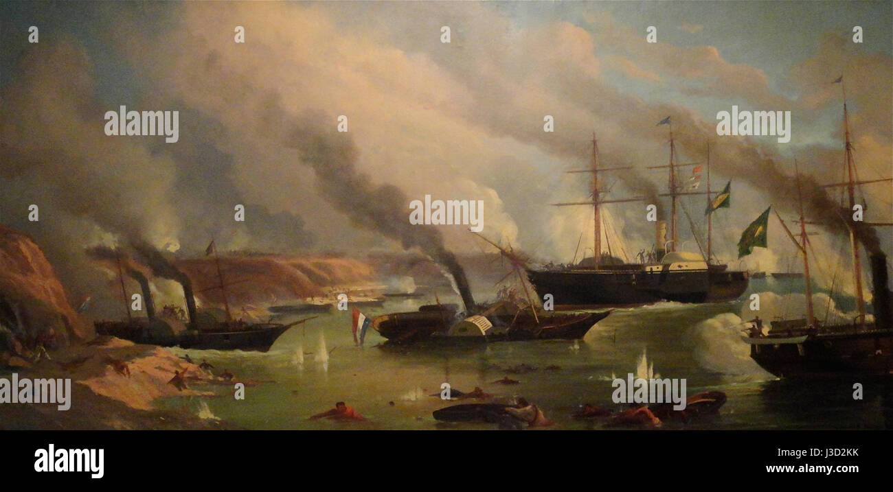 Il dipinto di Eduardo de Martino "Batalha Naval do Riachuelo" raffigura la battaglia di Riachuelo, una significativa battaglia navale nella guerra paraguaiana. Illustra le forze navali coinvolte in questo conflitto del 1865, un momento cruciale nella storia sudamericana. Foto Stock