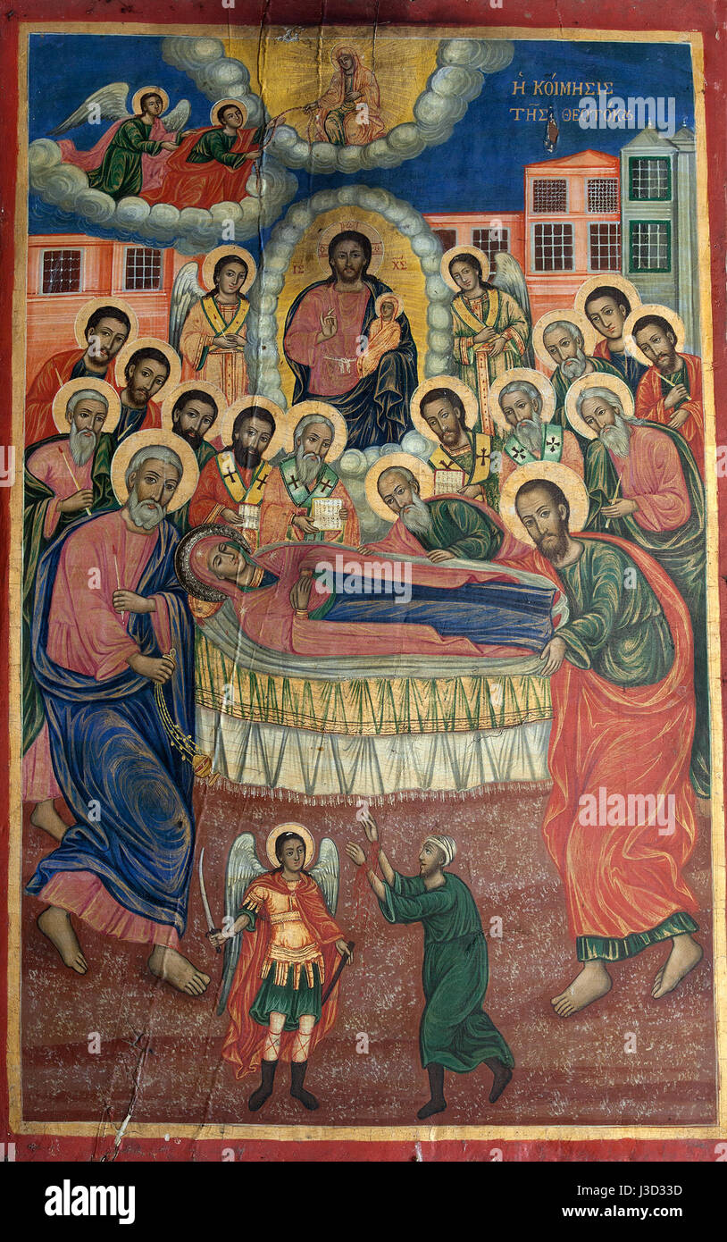 La Dormizione della Chiesa madre di Dio a Filipovo è rinomata per la sua splendida icona dormiente. Questa icona religiosa raffigura la morte e l'assunzione della Vergine Maria, un evento significativo nella teologia cristiana. L'icona è un'importante opera d'arte religiosa nel cristianesimo ortodosso orientale. Foto Stock