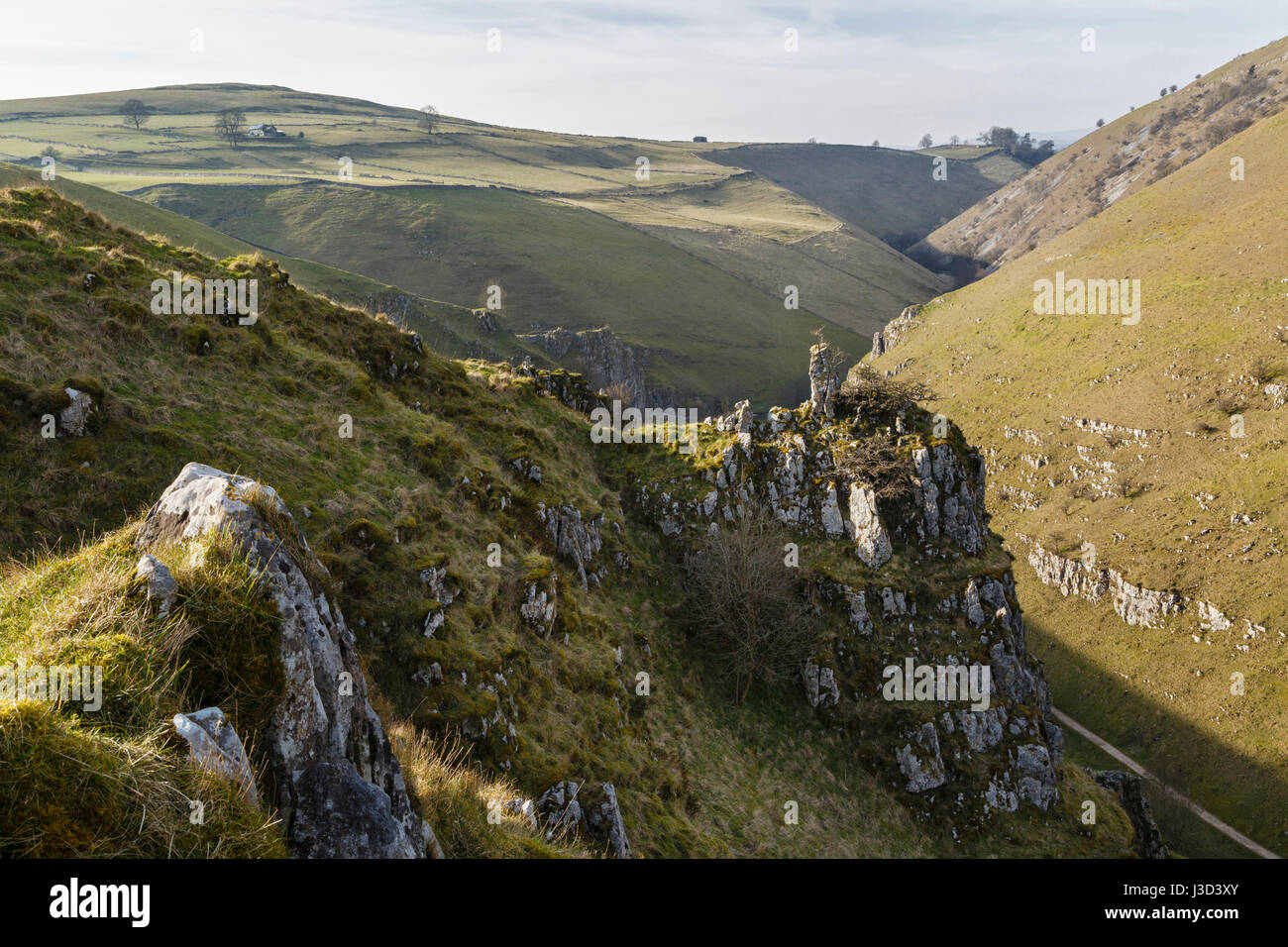 Vista da Gipsy Banca, Wolfscote Dale, Colomba Valley, il Parco Nazionale di Peak District, Staffordshire Foto Stock
