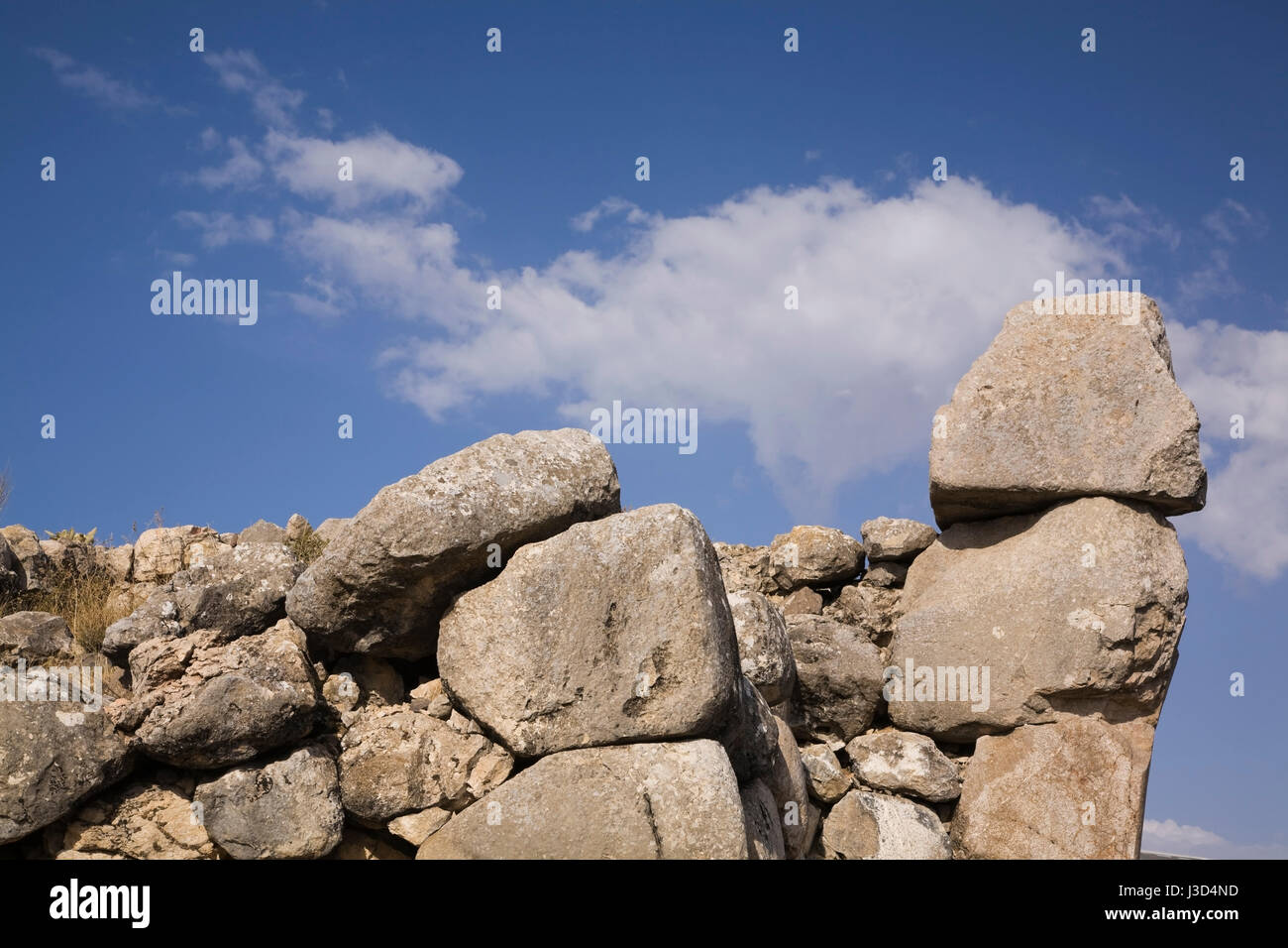 Close-up di vecchie pietre nella parete in corrispondenza di un sito di antiche Hittita città capitale di Hattusas, Bogazkale, Hattusas National Park, Anatolia centrale, Turchia. Foto Stock
