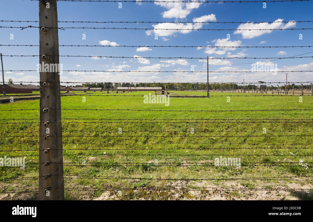 Barb filo elettrico di recinzione che circonda il Auschwitz II-Birkenau ex campo di concentramento nazista, Auschwitz-Birkenau, Polonia, l'Europa. Foto Stock