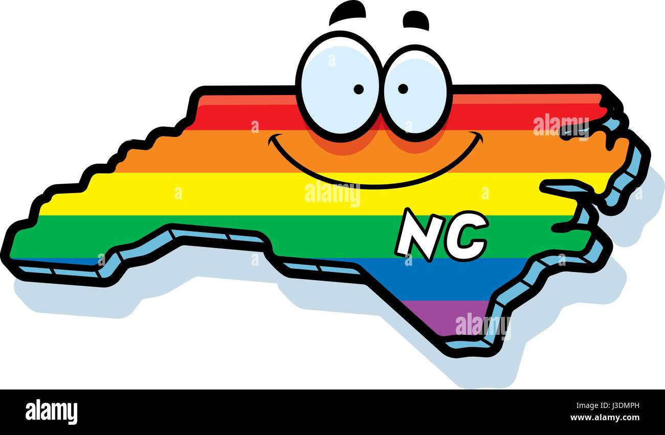 Un cartoon illustrazione dello stato della Carolina del Nord a sorridere con bandiera arcobaleno di colori. Illustrazione Vettoriale