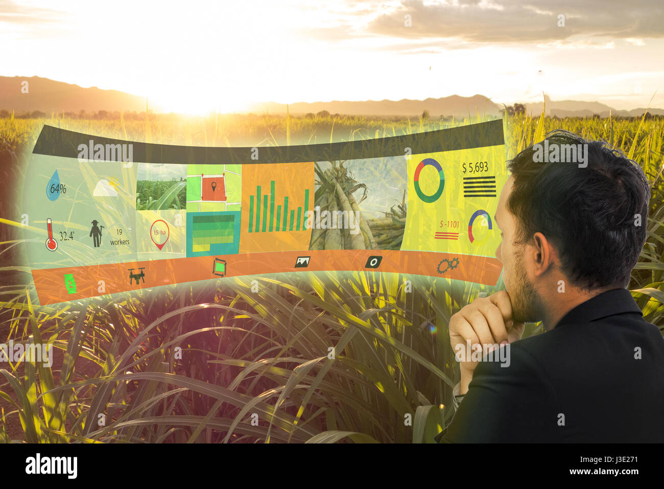 Iot,internet delle cose, agricoltura concetti,l'agricoltore utilizza la Realtà aumentata sullo schermo consente di gestire, di analisi e di conservare i dati nel campo o agriturismo Foto Stock