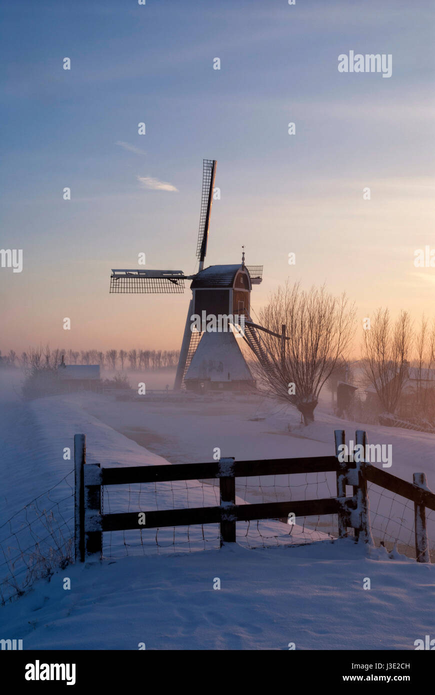 Mulino Wingerdse vicino Oud-Alblas nella regione olandese Alblasserwaard in una nebbiosa e paesaggio invernale Foto Stock