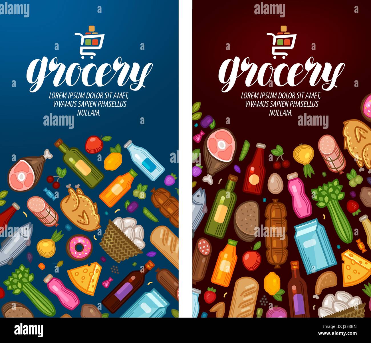 Negozio di generi alimentari, negozio di generi alimentari, supermercato etichetta. Banner Design modello. Illustrazione Vettoriale Illustrazione Vettoriale