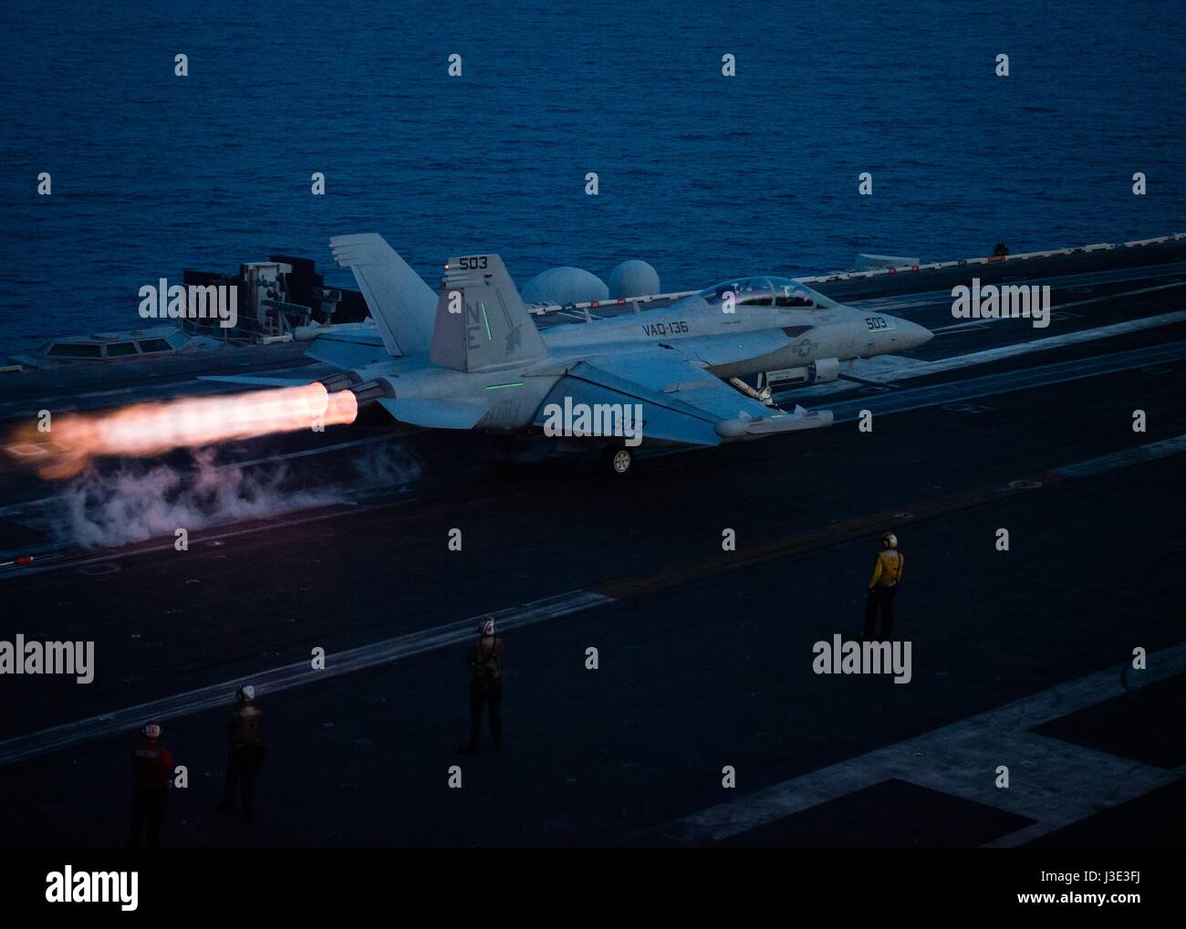 Un USN EA-18G Growler airborne attacco elettronico aereo decolla dal ponte di volo a bordo della USN Nimitz-class portaerei USS Carl Vinson Aprile 12, 2017 nel Mare della Cina del Sud. (Foto di Andrea DeGarmo/US Navy via Planetpix) Foto Stock