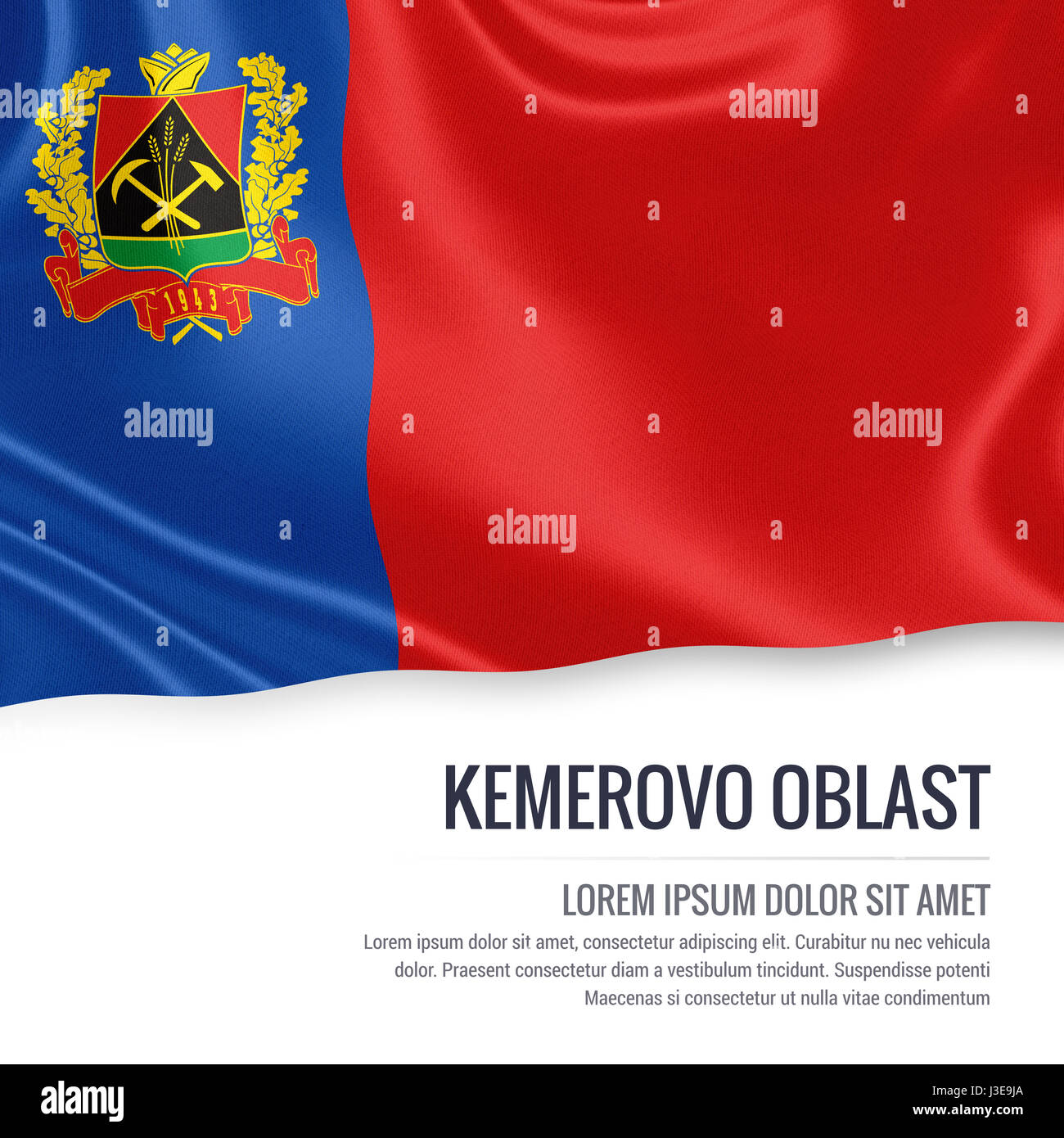 Stato russo Oblast di Kemerovo bandiera sventola su un isolato sullo sfondo bianco. Il nome dello stato e l'area di testo per il messaggio. 3D'illustrazione. Foto Stock