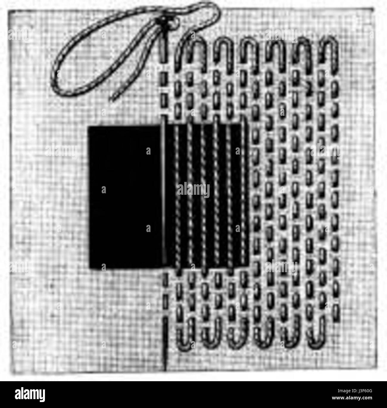 Questa figura, contrassegnata dalla Fig. 40, illustra la tecnica della tintura del lino, un metodo di rifilatura del tessuto usurato mediante cucitura o tessitura su aree danneggiate. L'abbronzatura del lino era comunemente usata nei tessuti prima dell'uso diffuso di macchine da cucire. Foto Stock