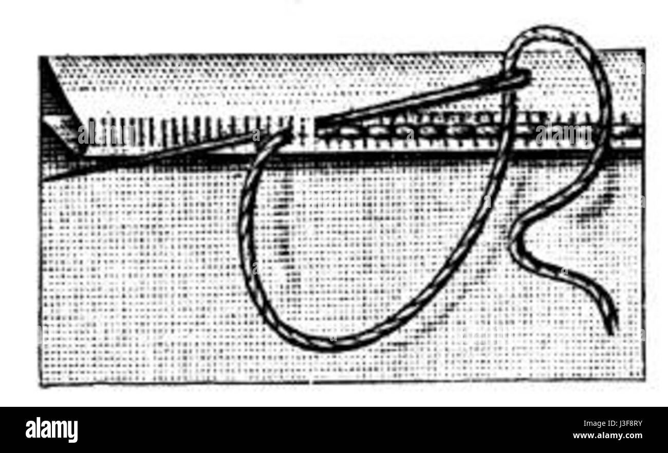 Si riferisce a un'immagine o a uno schema che mostra la figura "Fig. 7", eventualmente parte di una guida tessile o di cucito, che illustri un orlo cucito. La figura rappresenta probabilmente un esempio pratico di tecniche di cucitura nella costruzione di tessuti o indumenti. Foto Stock