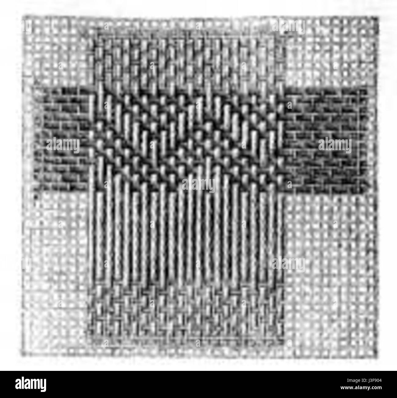 Questa illustrazione, contrassegnata con "Fig. 45', mostra una vista dettagliata del lato destro di una tecnica dannata. L'illustrazione mostra l'intricato lavoro dell'ago coinvolto nella riparazione del tessuto. Foto Stock