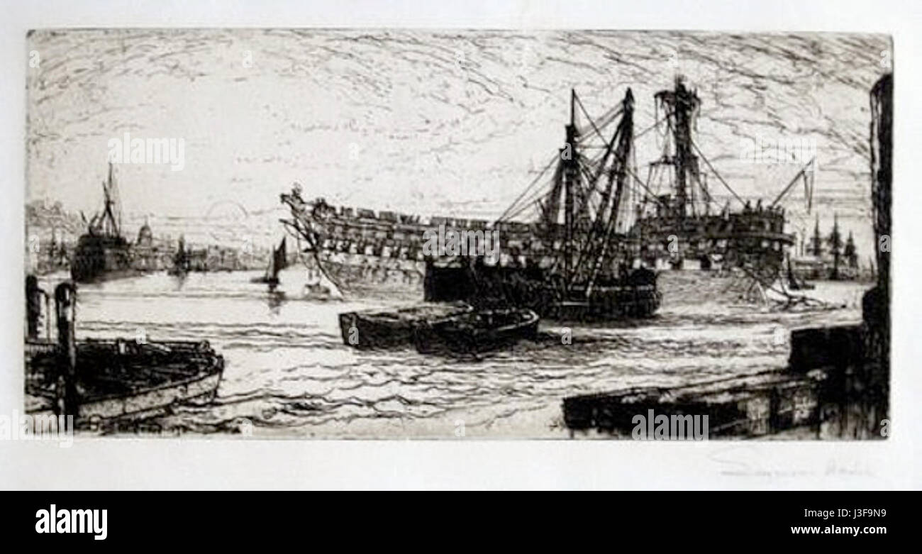 "Breaking Up of the Agamemnon" (1870) di Francis Seymour Haden raffigura lo smantellamento della nave da guerra britannica, catturando il momento drammatico in modo dettagliato attraverso il mezzo dell'incisione. Foto Stock