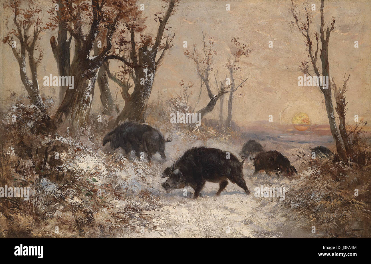 Il dipinto di Franz W. LÃ¶tz 'Wildschweine am Waldrand' del 1900 circa raffigura cinghiali ai margini di una foresta, mostrando la bellezza naturale e la fauna selvatica del periodo. Il lavoro sottolinea la relazione armoniosa tra gli animali e il loro habitat naturale. Foto Stock