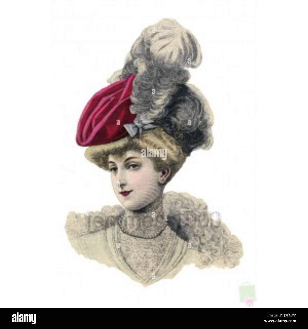 Una donna che indossa un toquet, un tipo di headpiece storico, spesso visto nella moda del XIX secolo. Il toquet è un piccolo cappello arrotondato indossato dalle donne durante il periodo, tipicamente accompagnato da abbigliamento alla moda. Foto Stock
