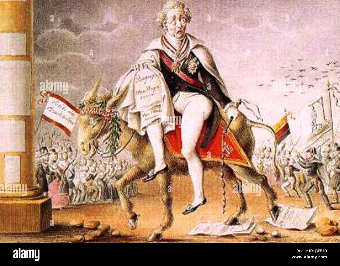 Il Fluchtkarikatur è un cartone animato politico che raffigura il principe Klemens von Metternich, uno statista austriaco, in modo satirico. La vignetta illustra probabilmente il ruolo di Metternich nella politica europea all'inizio del XIX secolo, in particolare il suo coinvolgimento nel Congresso di Vienna e le sue politiche conservatrici. Foto Stock
