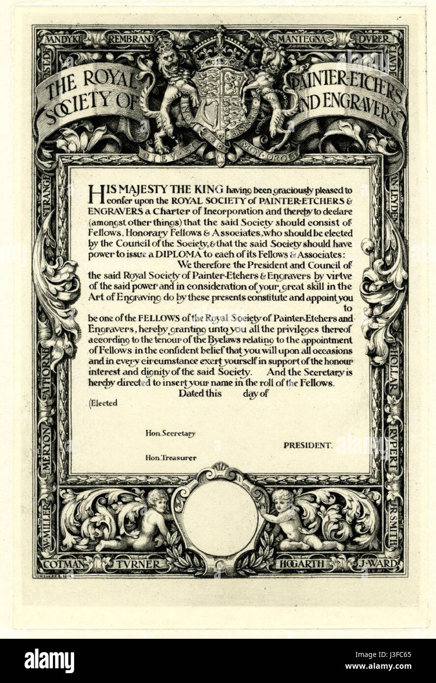 Il diploma Fellows della Royal Society of Painter Etchers and Engravers viene assegnato ad artisti illustri per il loro contributo all'incisione e all'incisione. Questo diploma riconosce la loro eccellenza nel campo della stampa e della realizzazione artistica. Foto Stock