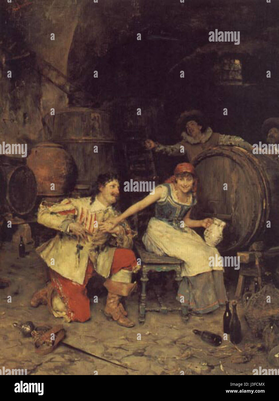 Il *flirtation in the Wine Cellar* di Federico Andreotti raffigura una scena intima ambientata in una cantina, caratterizzata da un'interazione romantica tra due figure. Andreotti era noto per il suo uso magistrale della luce e per le dettagliate raffigurazioni della vita quotidiana. Foto Stock