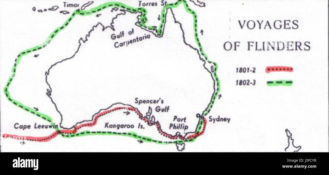 La mappa creata da Matthew Flinders, un navigatore e cartografo inglese, mostra la costa australiana. È stato pubblicato come parte della raccolta di testi storici del progetto Gutenberg. Foto Stock