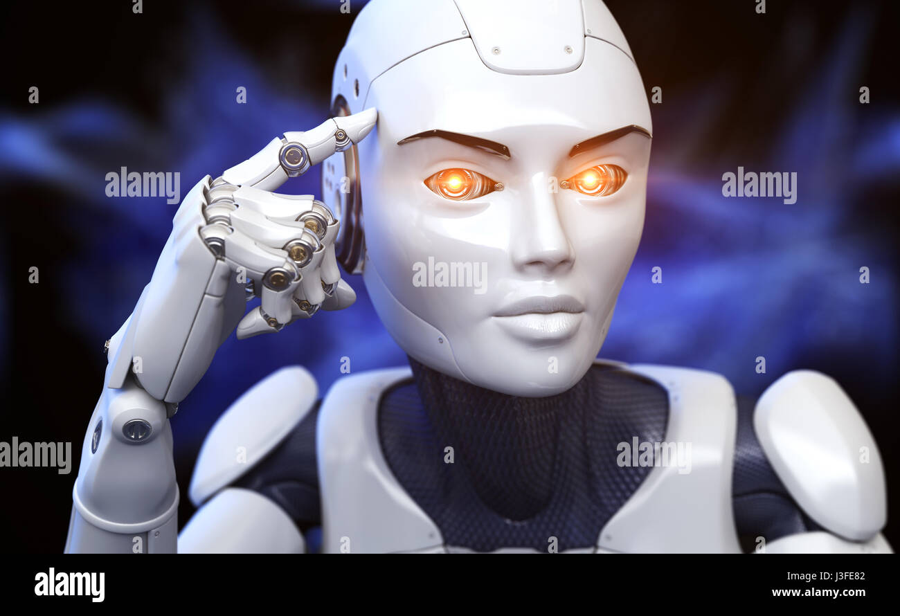 Il robot può contenere un dito vicino alla testa. 3D illustrazione Foto Stock